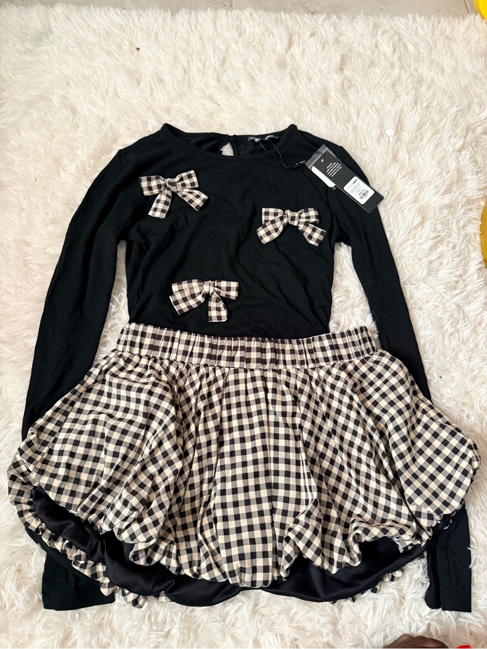Fashion Nova Black Top and Black-and-Cream Gingham Skirt Set NWT size S